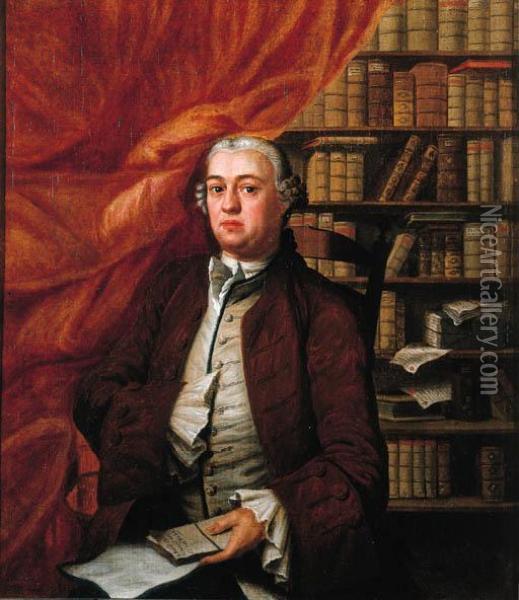 Portrait Of A Gentleman, Possibly A Self-portrait Of The Artist,standing Small Three Quarter Length In A Library By A Curtain,wearing A Beige Waistcoat With Lace Chemise, Brown Jacket And Wig,holding A Document In His Left Hand Oil Painting - Johann Herman Faber