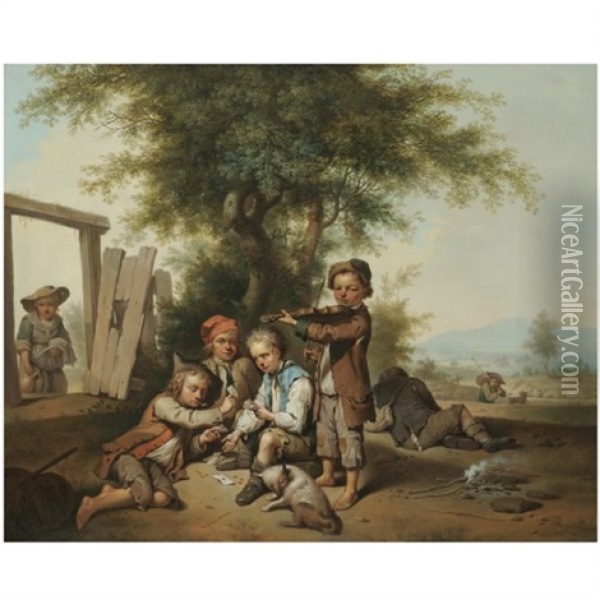 Young Boys Playing Cards And The Violin In A Landscape Oil Painting - Johann Conrad Seekatz