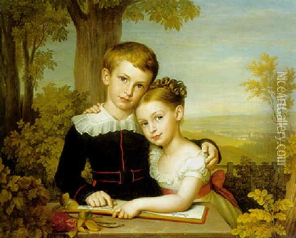 Portrait Of Two Children With An Extensive Landscape Beyond Oil Painting - Jakob Theodor Leybold