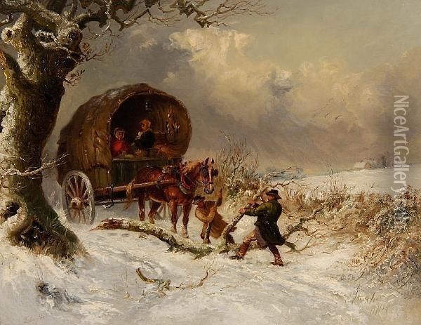Snow Scene With Travellers Moving A Fallen Bough Oil Painting - Thomas Smythe