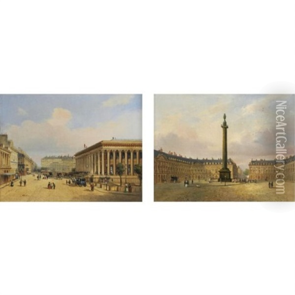 Place Vendome And La Bourse (pair) Oil Painting - Francois Etienne Villeret