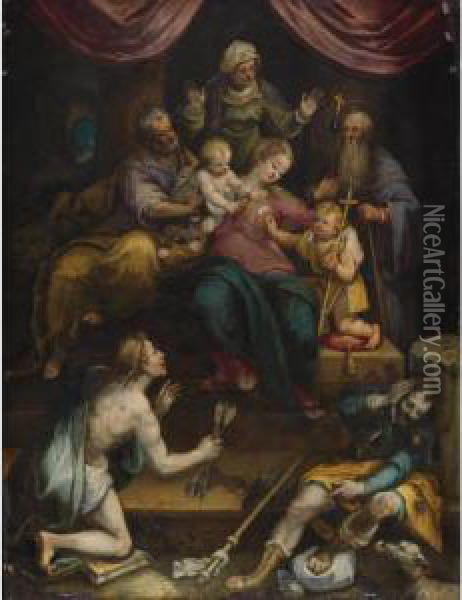 The Holy Family With The Infant 
Saint John The Baptist And Saint Anne, Together With Saints Anthony 
Abbot, Sebastian And Roch Oil Painting - Denys Fiammingo Calvaert
