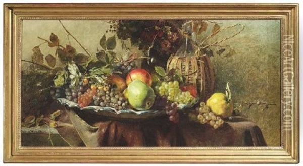 Stilleben Mit Trauben, Apfeln Und Birnen Auf Einer Buckelplatte. Dahinter Ein Blumenstraus Und Eine Korbflasche Oil Painting - Anna Peters