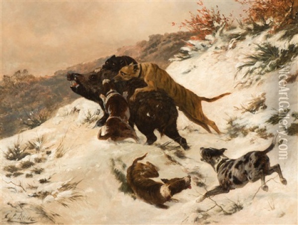 Winter Landscape With Hounds And Boar Oil Painting - Carl Friedrich Deiker
