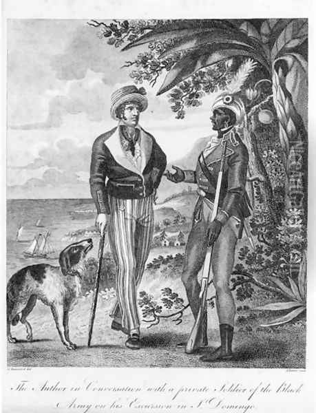 Captain Marcus Rainsford c.1750-c.1805 with a private soldier of the Black Army, frontispiece to An Historical Account of the Black Empire of Hayti, published 1805 Oil Painting - Marcus Rainsford