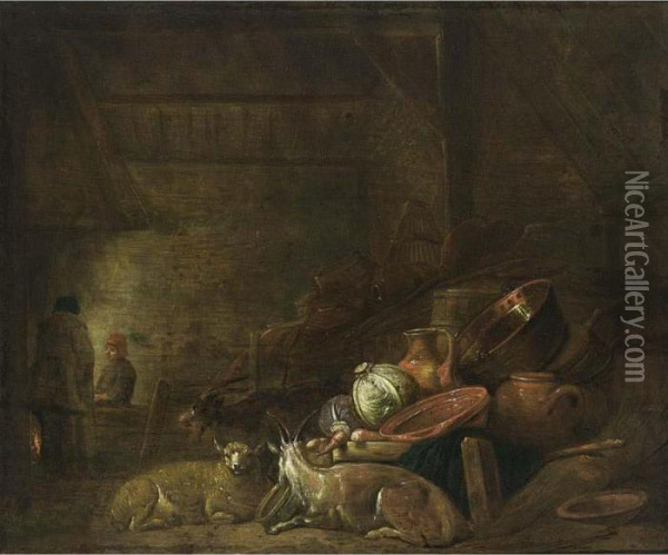A Barn Interior With A Kitchen Still Life Together With A Goat And A Sheep Oil Painting - Frans, Francois Ryckhals