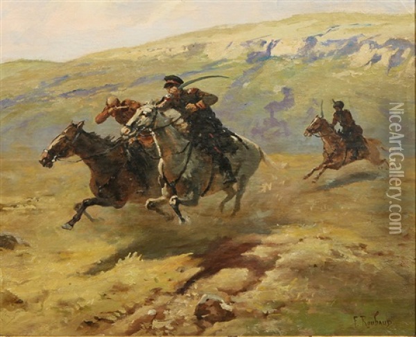 Cossacks Chasing A Soldier On Horseback Oil Painting - Franz Roubaud