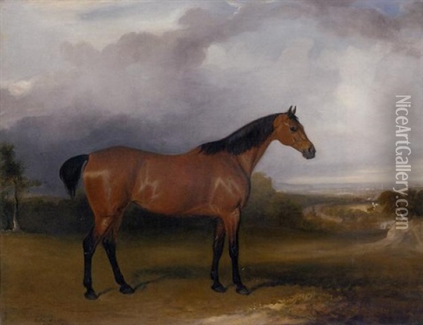 A Bay Hunter In A Landscape With Figures And Horses By A Path In The Distance And A Town Beyond Oil Painting - John Ferneley Jr.