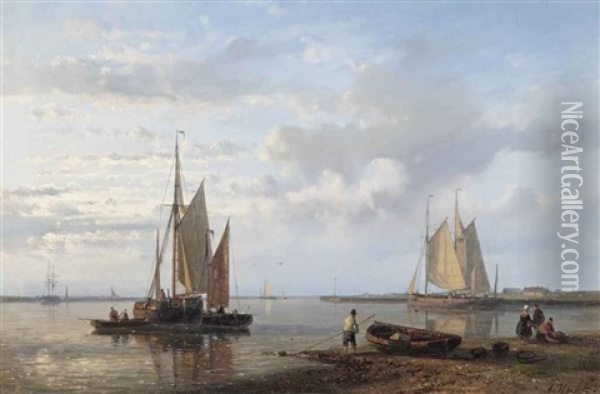 Sailing Vessels In A Tranquil Dutch Estuary Oil Painting - Abraham Hulk the Elder