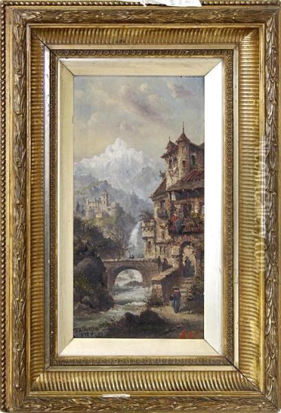 View Of A Alpine Town With A Bridge In The Foreground Oil Painting - Felice A. Rezia
