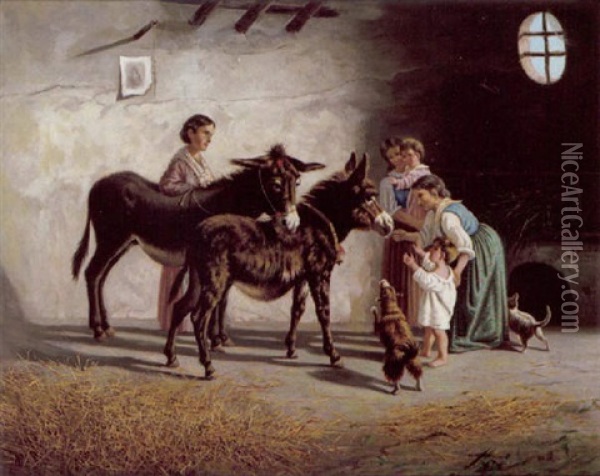 Neopolitanische Bauernfamilie Mit Zwei Esel Oil Painting - Gaetano Mormile