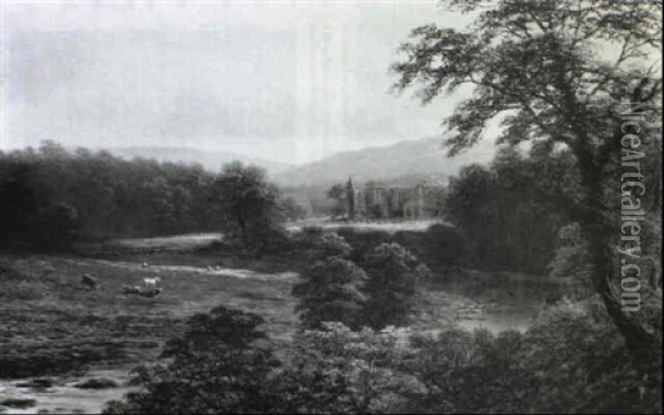 View Of Bolton Abbey And The River Wharfe With Sheep And    Cattle Oil Painting - William Mellor