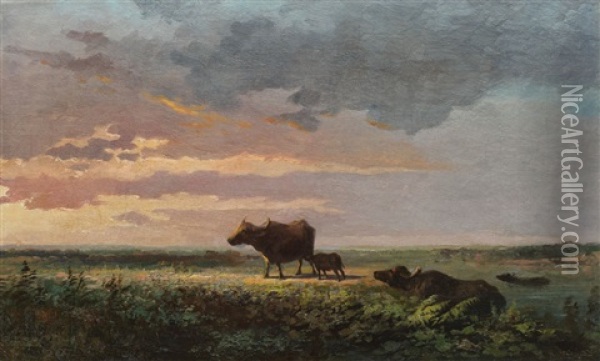 Scenery With Buffalo Family Oil Painting - Henri Trenk