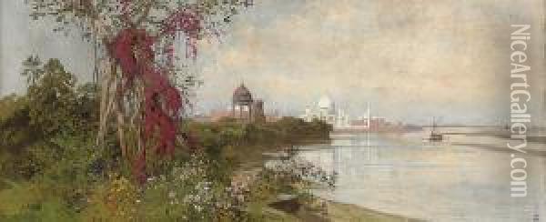 The Taj Mahal From The Banks Of The Yamuna River Oil Painting - Ludwig Hans Fischer