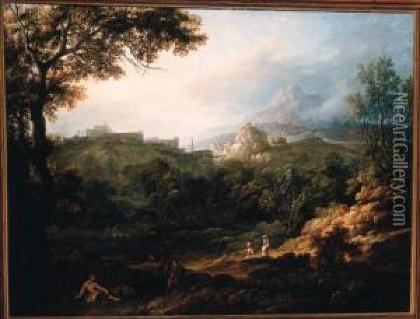 An Italianate Landscape With Figures On A Hillside Oil Painting - Robert Carver
