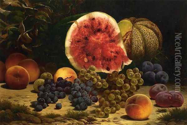Still Life with Watermelon, Grapes, Peaches, Plums and Plums Oil Painting - William Mason Brown