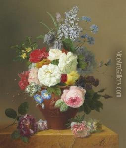 Roses, Poppies, Cornflowers, 
Convulvulus, Jasmine, Fritilleries, Aprimula, A Peony, And Lilac In A 
Terracotta Vase With A Sprig Ofroses And Other Flowers On A Stone Ledge Oil Painting - Arnoldus Bloemers