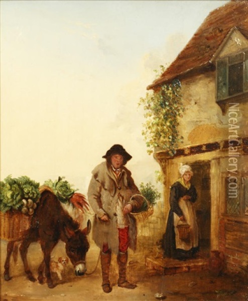 Figures And Donkey Before A Cottage Oil Painting - Edmund Bristow