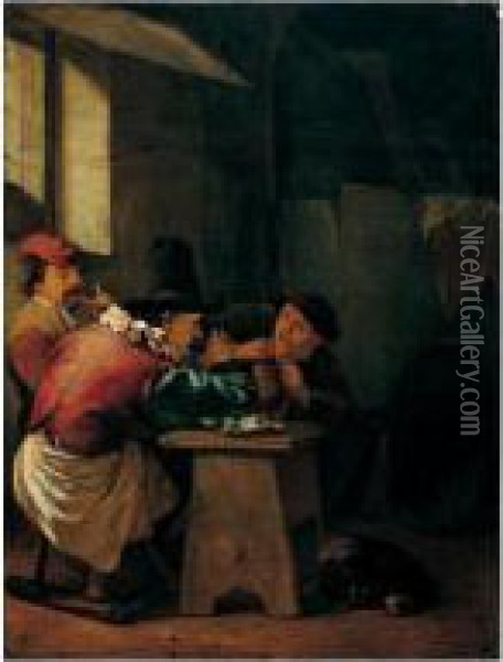Two Men Drinking With Another Playing A Recorder In An Interior Oil Painting - Johannes Natus