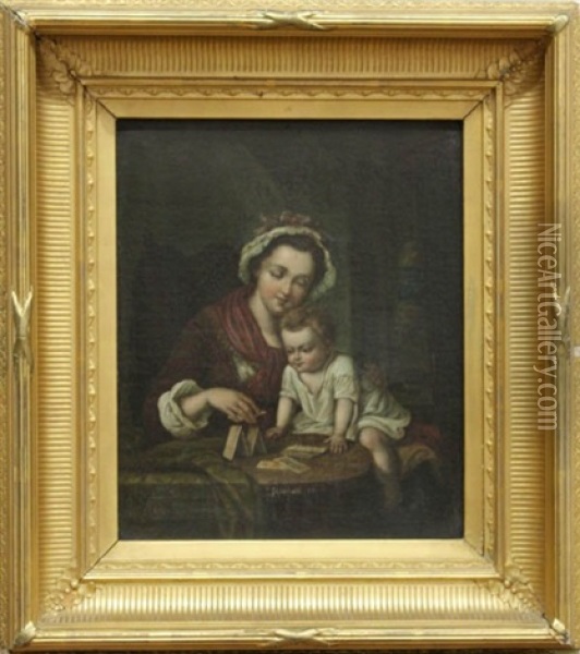 Mother And Child Stacking Cards Oil Painting - Carl Reichert