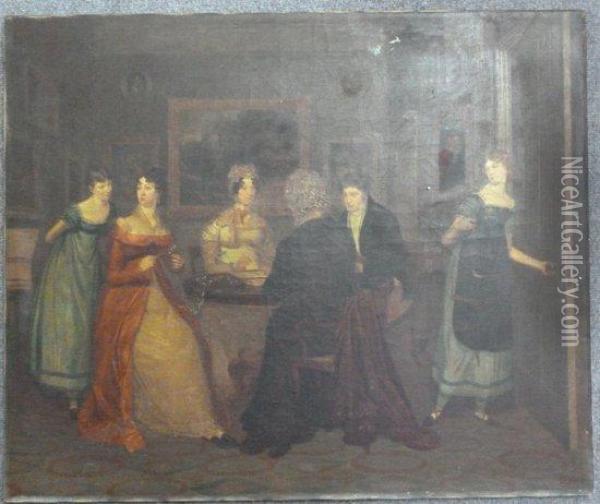 Group Portrait 
With Four Adults At A Table And Two Young Ladies Standing Oil Painting - Charles Ashmore