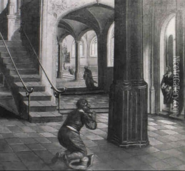A Peasant At Prayer In A Gothic Church Interior Oil Painting - Hans Vredeman (Jan) de Vries