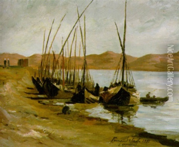Uferlandschaft Am Nil Mit Segelbooten Oil Painting - Ferdinand Scribe