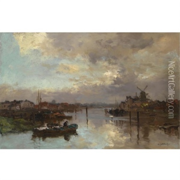 Sunset, Rotterdam Oil Painting - Johan Hendrik van Mastenbroek