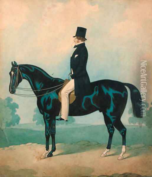 A gentleman seated on a black horse Oil Painting - Joshua Dighton