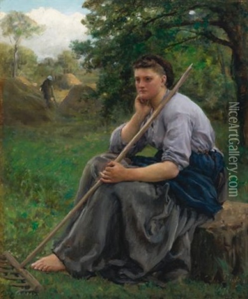 Faneuse Assise A L'oree D'un Bois (the Haymaker) Oil Painting - Jules Breton