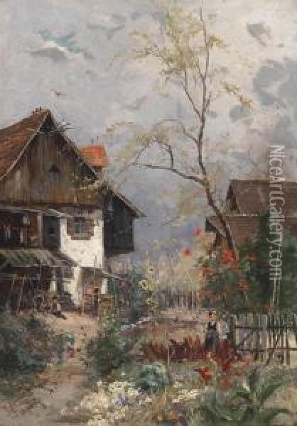 A Summer's Day In A Blossoming Cottage Garden Oil Painting - Vitus Staudacher