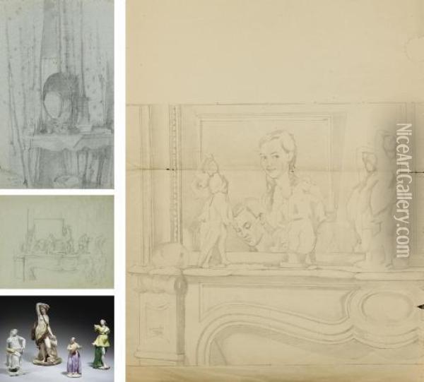 Interior With A Console And 
Mirror; Study For 'an Intimate Moment'; Two Sketches For 'self-portrait 
With Porcelain Figures On A Mantelpiece' Oil Painting - Konstantin Andreevic Somov