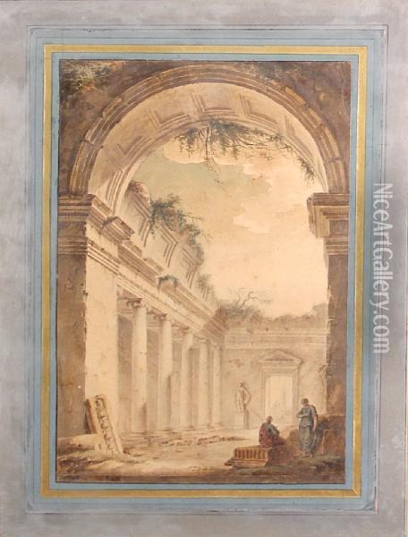 Figures Among Roman Ruins Oil Painting - Charles Louis Clerisseau