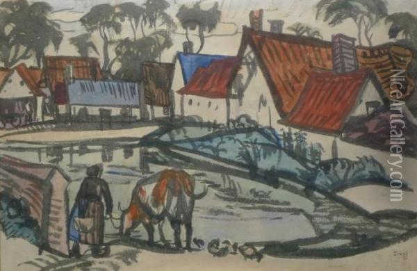 Paysanne Et Sa Vache A La Mare Oil Painting - Jules Emile Zingg