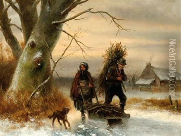 Figures With A Dog On The Ice Oil Painting - Jan Geerard Smits