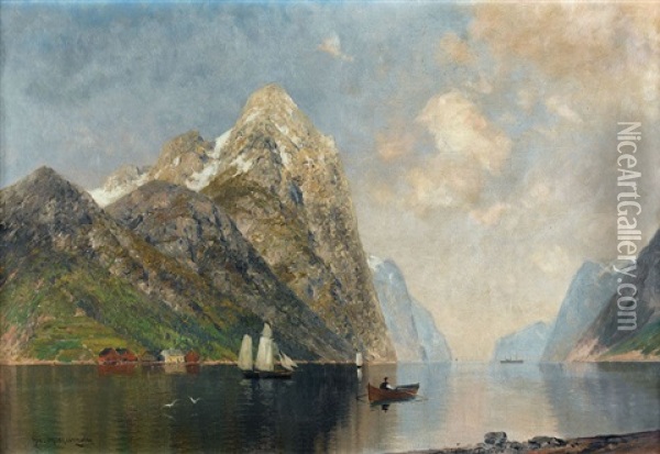 Norwegische Fjordlandschaft Oil Painting - Georg M. Meinzolt