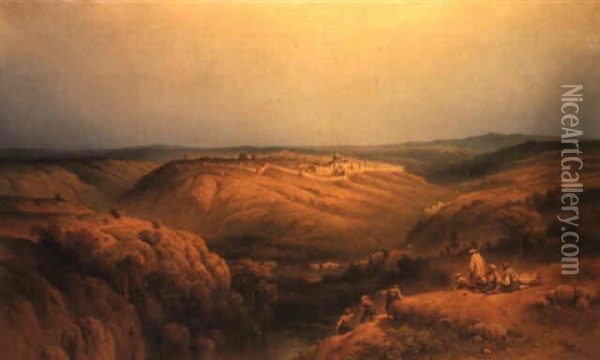 Arabs Resting On A Rocky Outcrop, Jerusalem Beyond Oil Painting - Johannes Hilverdink
