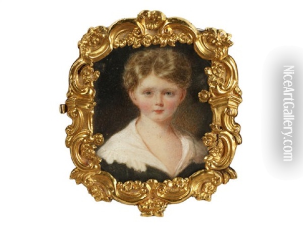 A Portrait Miniature Of A Young Boy, Wearing Black Jacket And White Chemise With Frilled Edge To His Collar, His Short Blond Hair Parted To One Side Oil Painting - William Egley