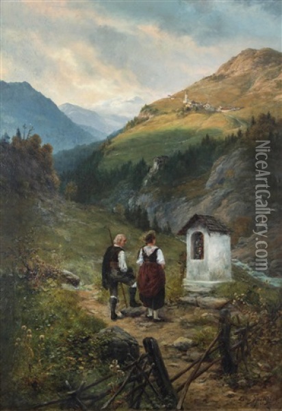 Wanderndes Paar Vor Bildstock Im Gebirge Oil Painting - Erwin Spindler