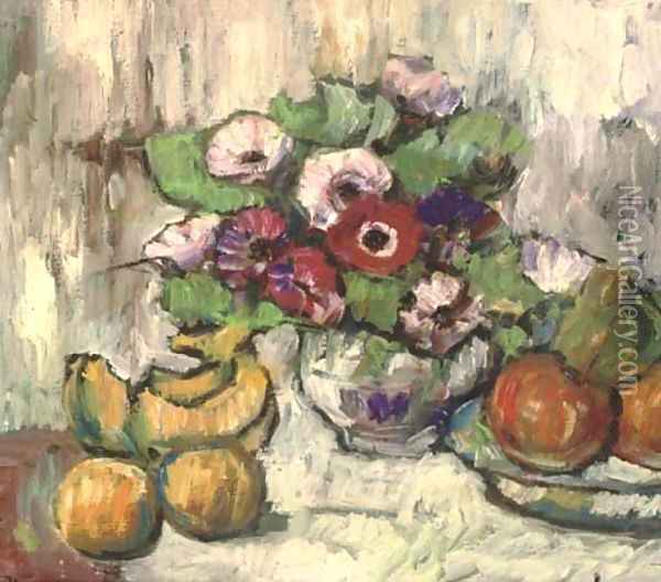 Flowers in a bowl with apples and bananas Oil Painting - English School