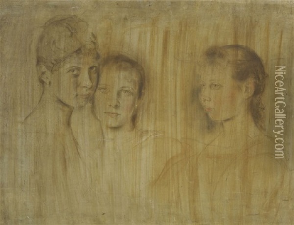 Drei Tochter Kaiser Wilhelms Ii (study) Oil Painting - Franz Seraph von Lenbach