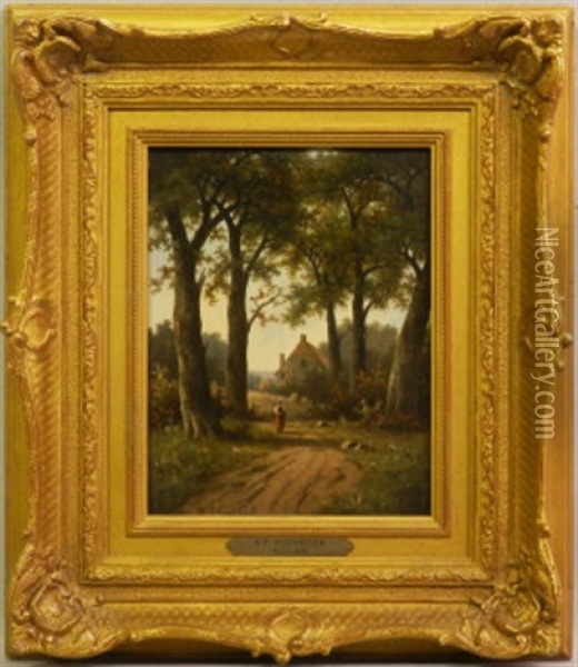 Figure On A Woodland Path With A Cottage Beyond Oil Painting - Hendrik Pieter Koekkoek