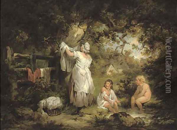 A woman with two children by a pool Oil Painting - George Morland