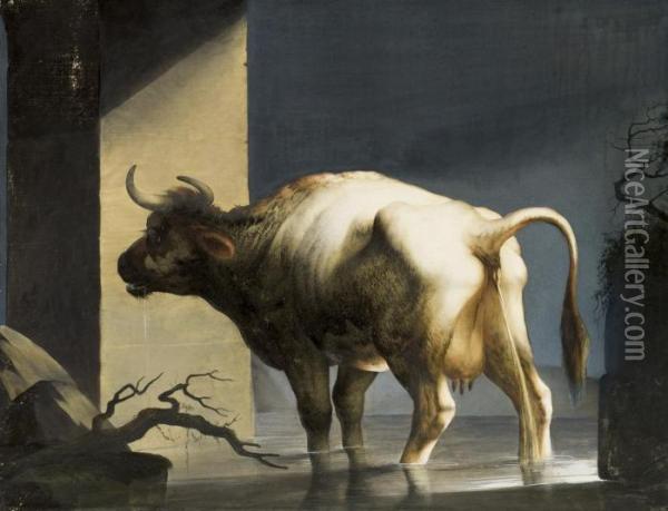 A Cow Passing Water Oil Painting - Joseph Laurent Malaine