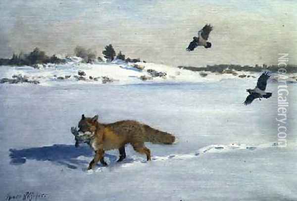 Fox in a Winter Landscape Oil Painting - Bruno Andreas Liljefors
