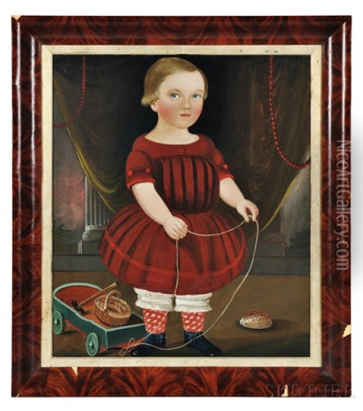 Portrait Of A Boy In A Red Dress With His Toy Wagon Oil Painting - William Matthew Prior