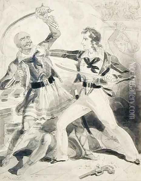 American Naval Officer Resisting an Attacking Tripolitan Oil Painting - William Heath