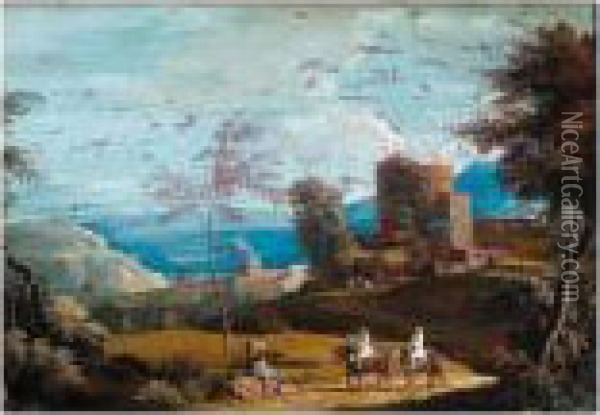 A Landscape With Travellers On A Road And Buildings And Mountains In The Background Oil Painting - Marco Ricci