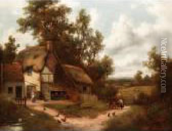 A Thatched Cottage Landscape Oil Painting - Charles Vickers