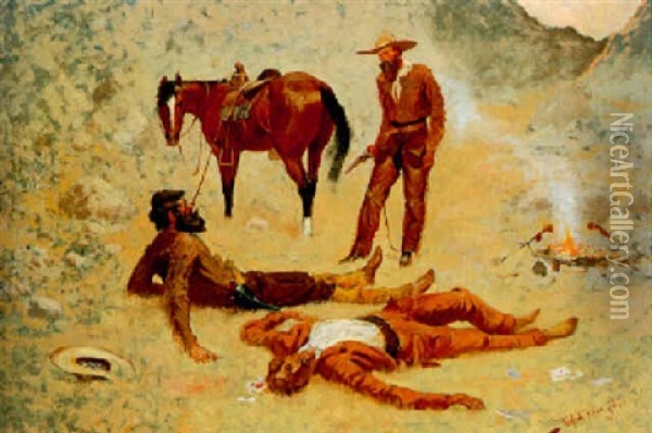 He Lay Where He Had Been Jerked, Still As A Log (jerked Down) Oil Painting - Frederic Remington